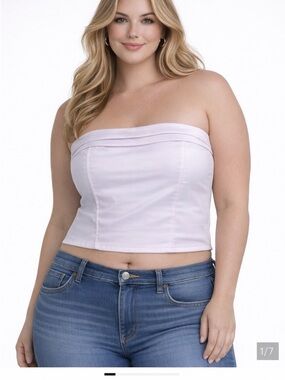 Guess White Strapless Fold-Trim Crop Top